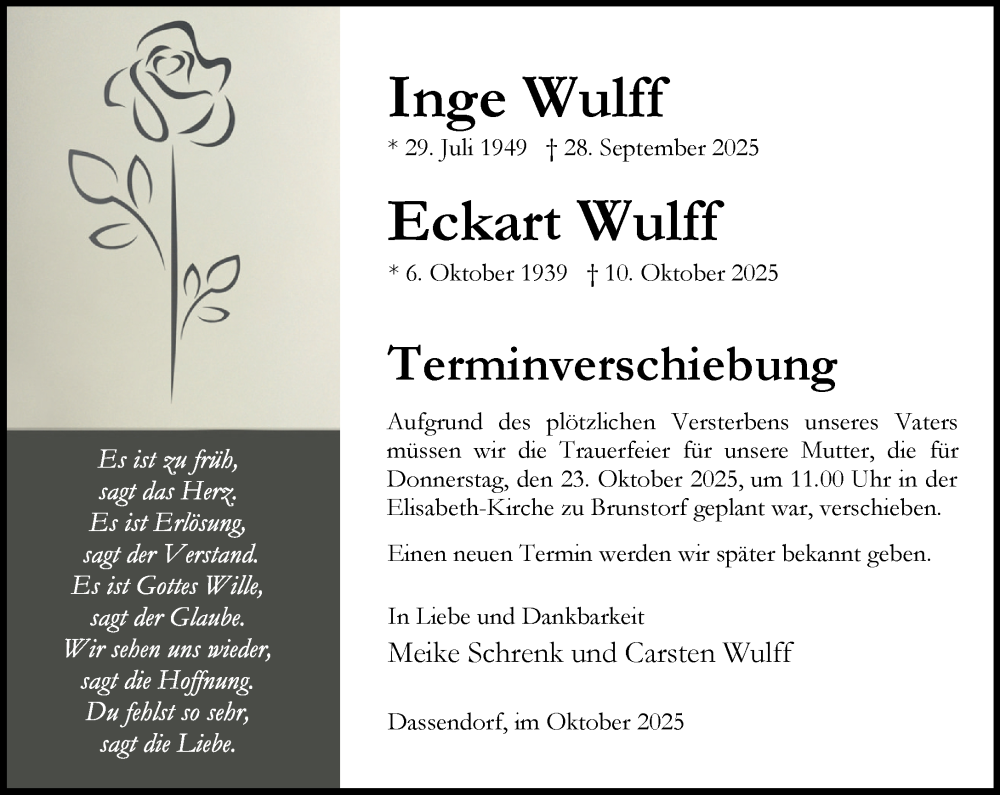  Traueranzeige für Inge Wulff vom 18.10.2025 aus Wochenend Anzeiger