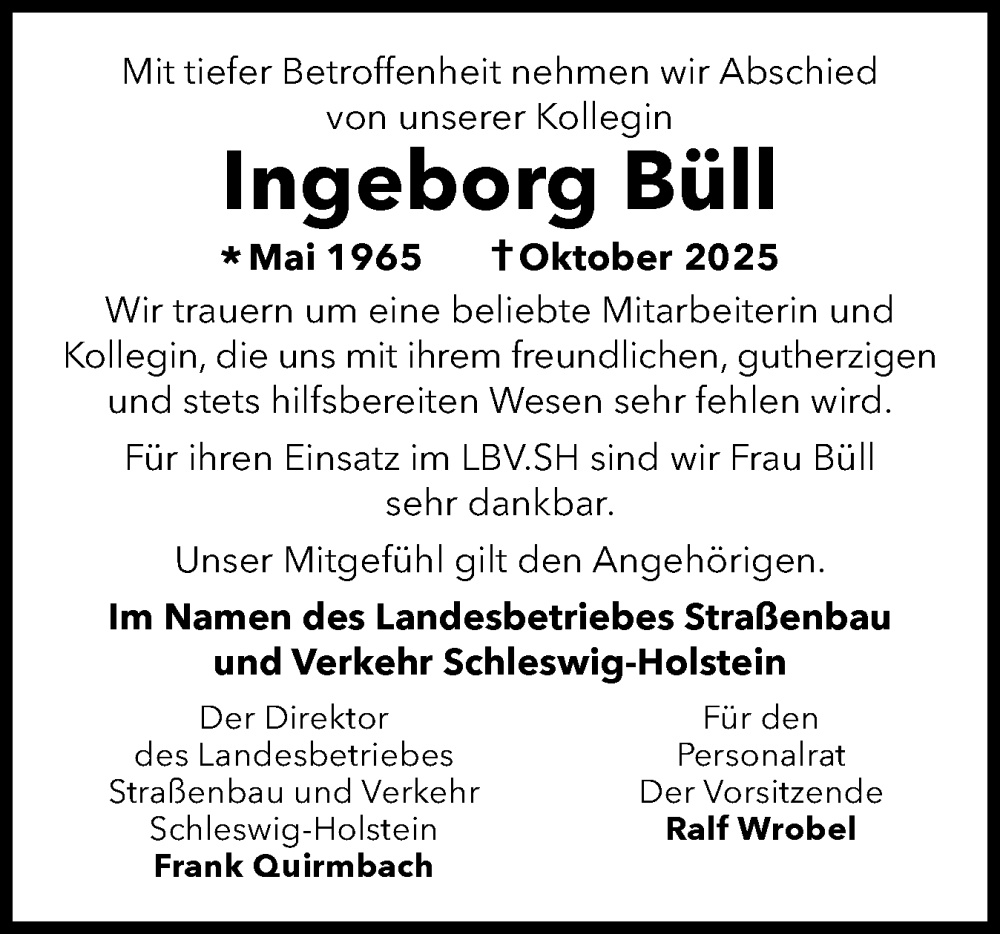  Traueranzeige für Ingeborg Büll vom 18.10.2025 aus Schleswig-Holsteinische Landeszeitung
