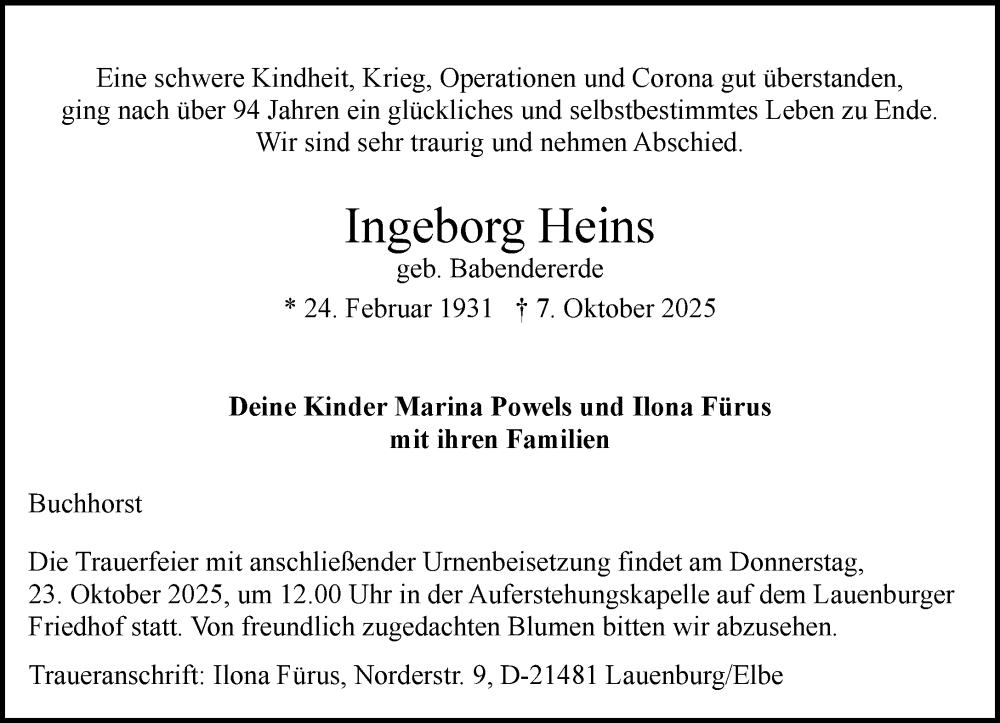  Traueranzeige für Ingeborg Heins vom 18.10.2025 aus Wochenend Anzeiger