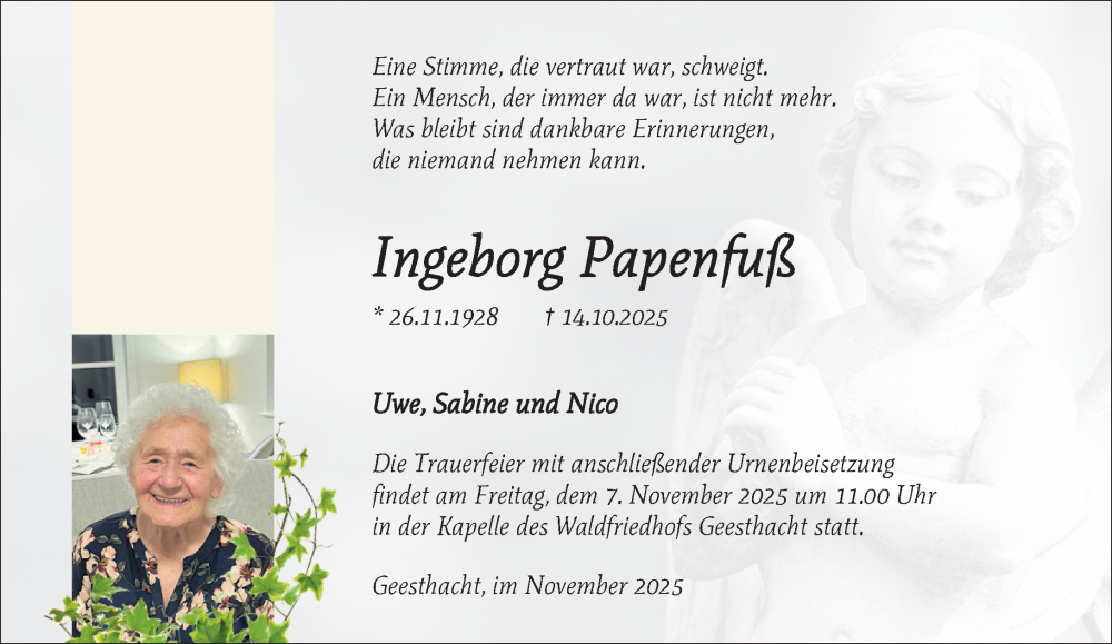  Traueranzeige für Ingeborg Papenfuß vom 01.11.2025 aus Wochenend Anzeiger