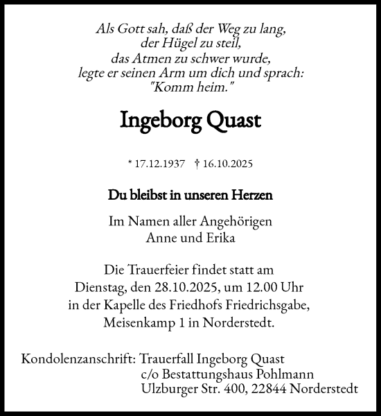 Traueranzeige von Ingeborg Quast von Heimatspiegel