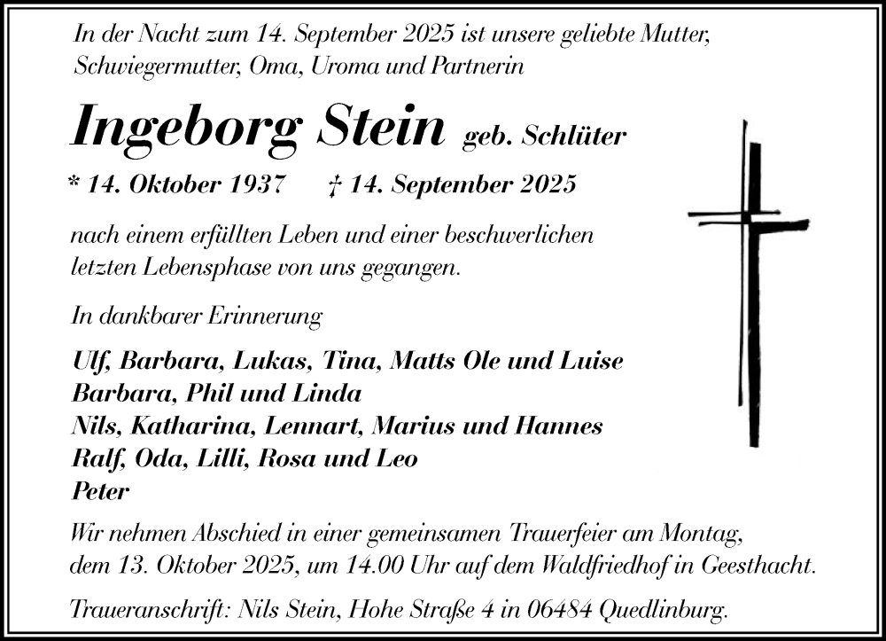  Traueranzeige für Ingeborg Stein vom 04.10.2025 aus Wochenend Anzeiger