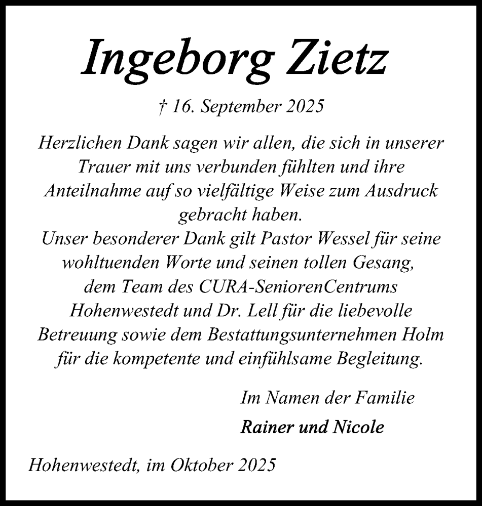  Traueranzeige für Ingeborg Zietz vom 11.10.2025 aus Schleswig-Holsteinische Landeszeitung