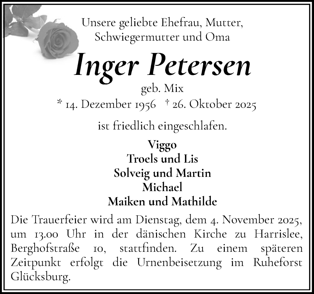  Traueranzeige für Inger Petersen vom 01.11.2025 aus Flensburger Tageblatt