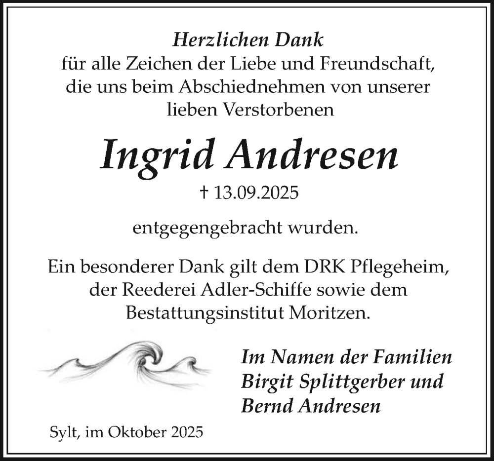  Traueranzeige für Ingrid Andresen vom 08.10.2025 aus Sylter Rundschau