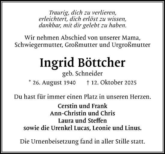 Traueranzeige von Ingrid Böttcher von Region Pinneberg und tip Pinneberg