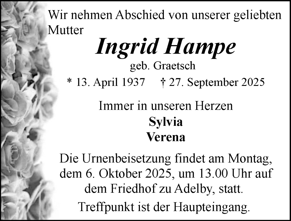  Traueranzeige für Ingrid Hampe vom 04.10.2025 aus Flensburger Tageblatt