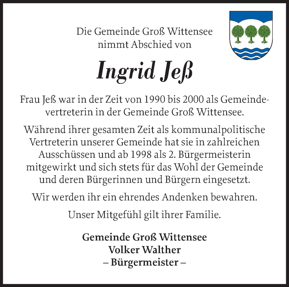  Traueranzeige für Ingrid Jeß vom 25.10.2025 aus Eckernförder Zeitung, Hallo Eckernförde