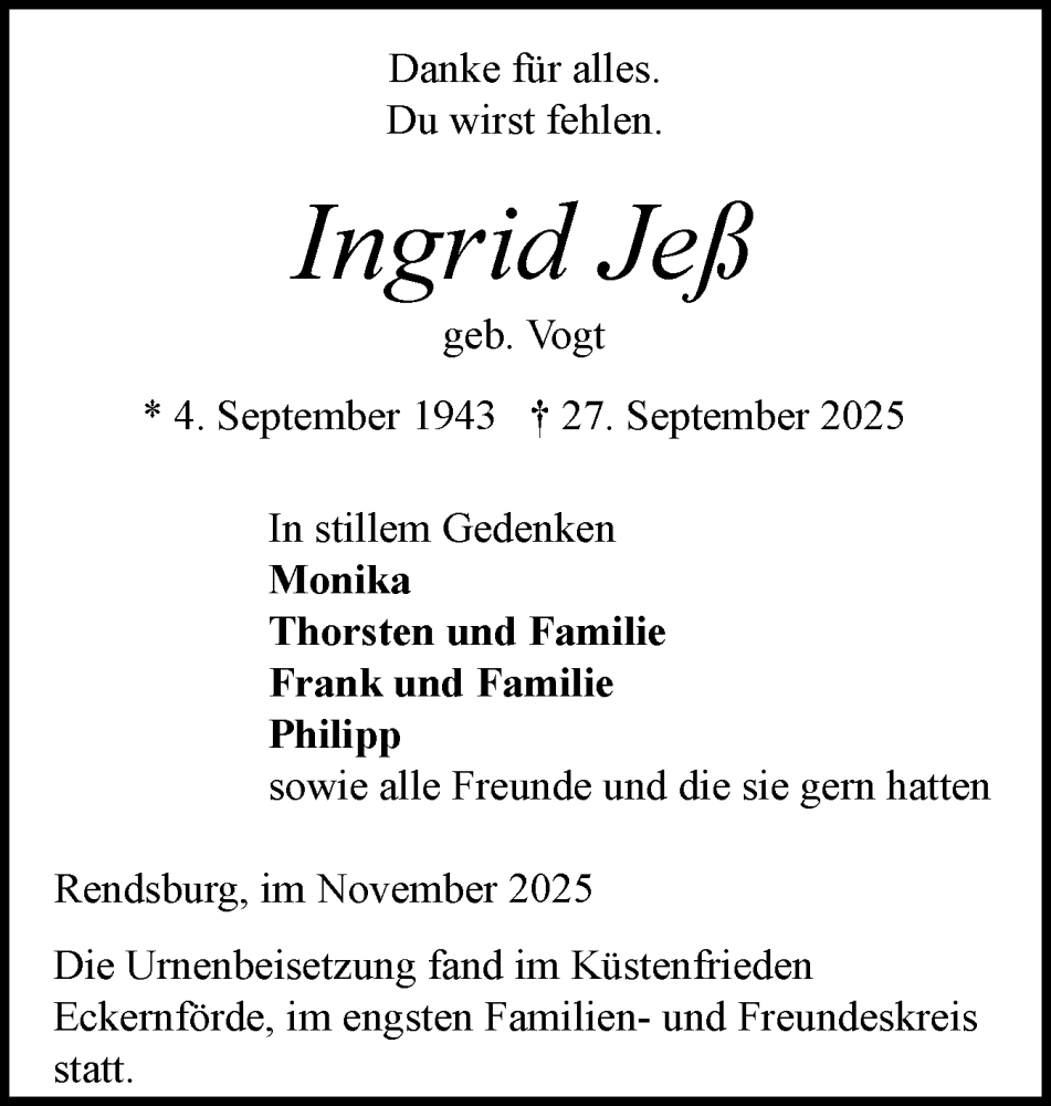  Traueranzeige für Ingrid Jeß vom 01.11.2025 aus Schleswig-Holsteinische Landeszeitung