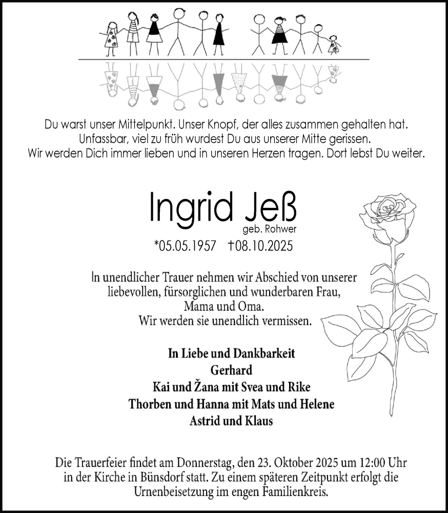  Traueranzeige für Ingrid Jeß vom 18.10.2025 aus Eckernförder Zeitung