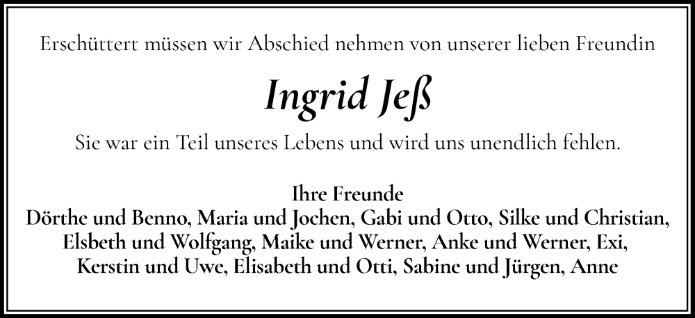  Traueranzeige für Ingrid Jeß vom 01.11.2025 aus Eckernförder Zeitung, Hallo Eckernförde