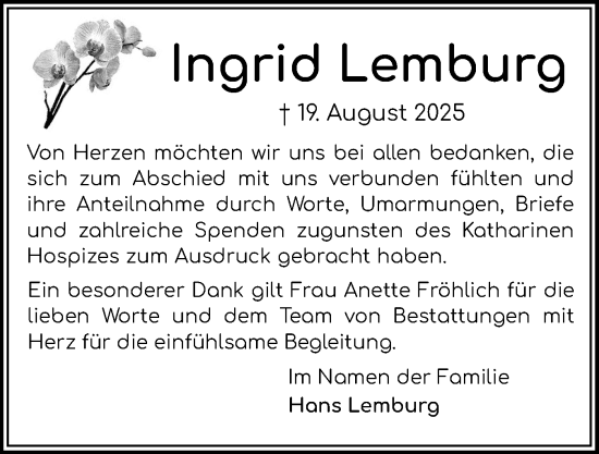 Traueranzeige von Ingrid Lemburg von Flensburger Tageblatt