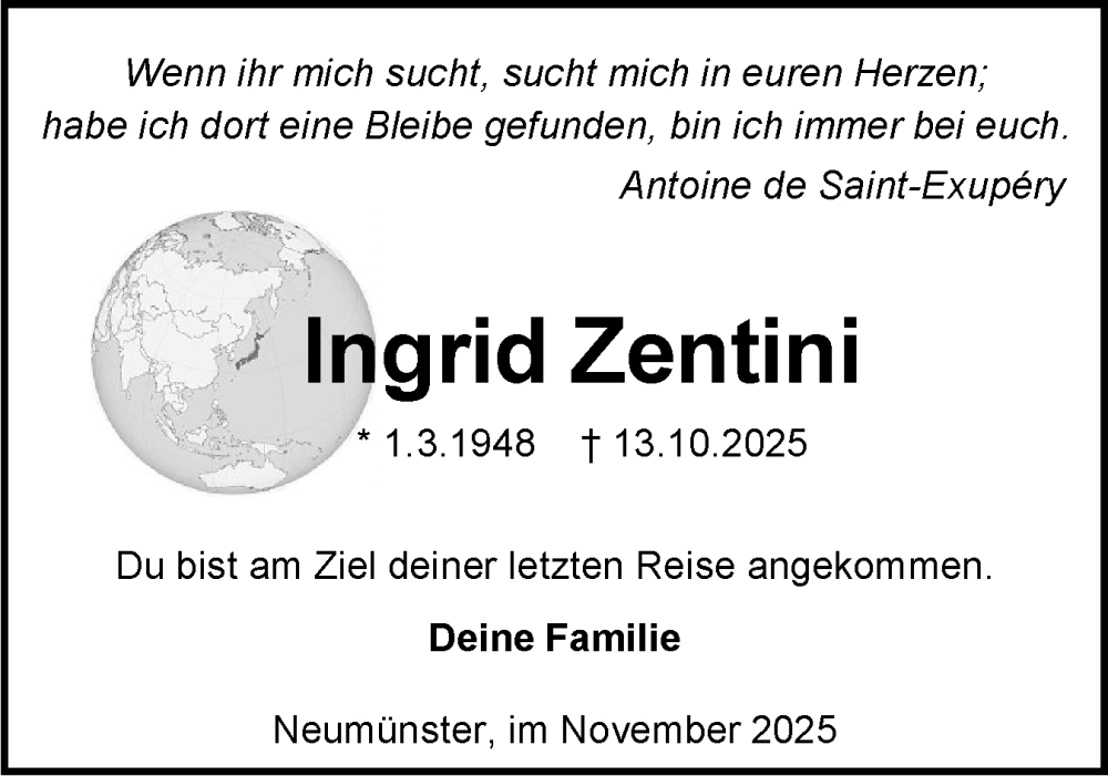  Traueranzeige für Ingrid Zentini vom 01.11.2025 aus Holsteinischer Courier
