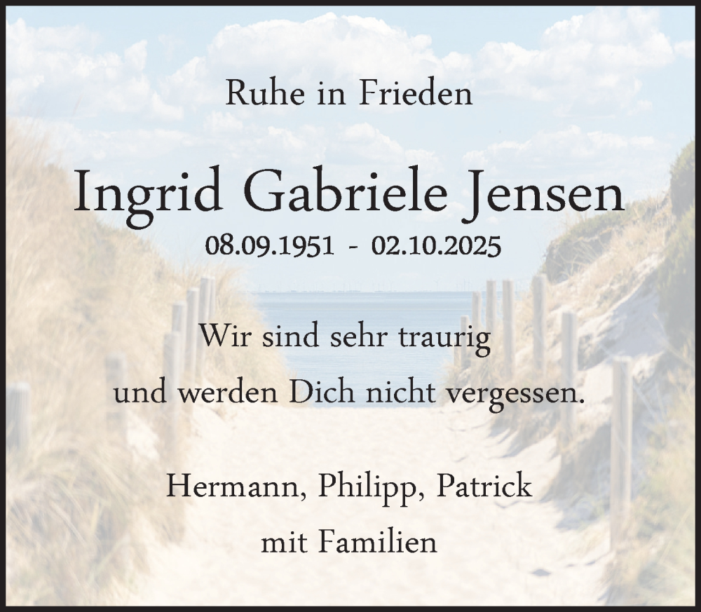  Traueranzeige für Ingrid Gabriele Jensen vom 18.10.2025 aus MARKT Glinde/Reinfeld