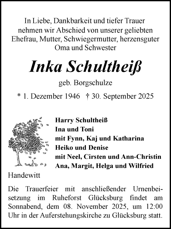 Traueranzeige von Inka Schultheiß von Flensburger Tageblatt
