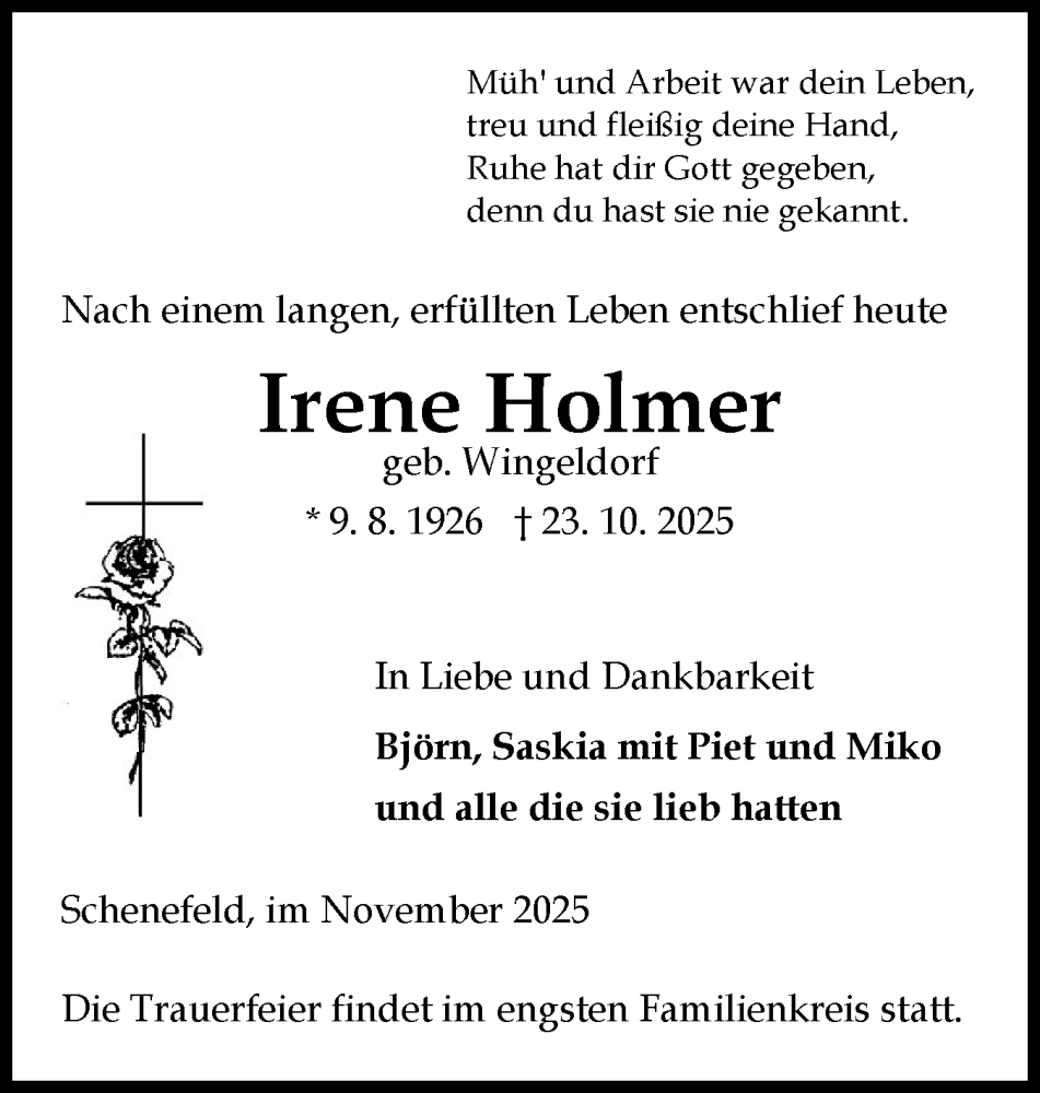  Traueranzeige für Irene Holmer vom 01.11.2025 aus Norddeutsche Rundschau, Wilstersche Zeitung, Glückstädter Fortuna