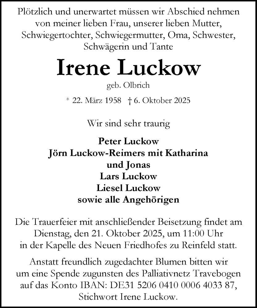  Traueranzeige für Irene Luckow vom 18.10.2025 aus MARKT Bad Oldesloe/Reinfeld und Stormarner Tageblatt