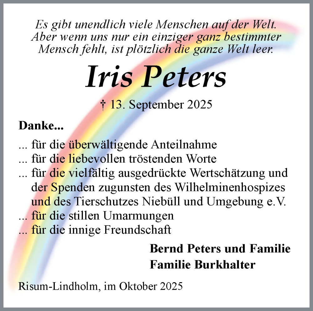 Traueranzeige für Iris Peters vom 11.10.2025 aus Husumer Nachrichten, Nordfriesland Tageblatt