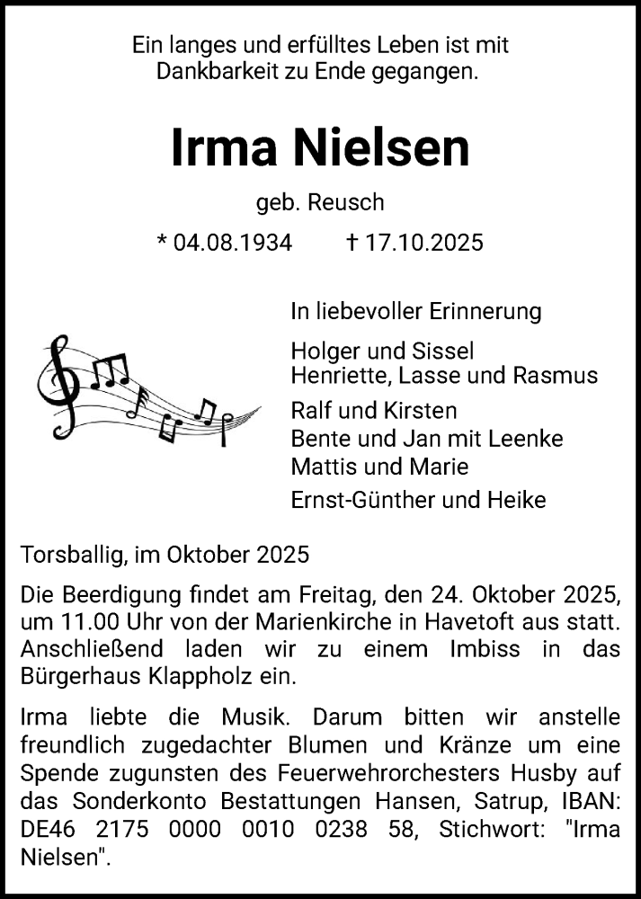  Traueranzeige für Irma Nielsen vom 22.10.2025 aus Flensburger Tageblatt, Schleswiger Nachrichten, Schlei-Bote