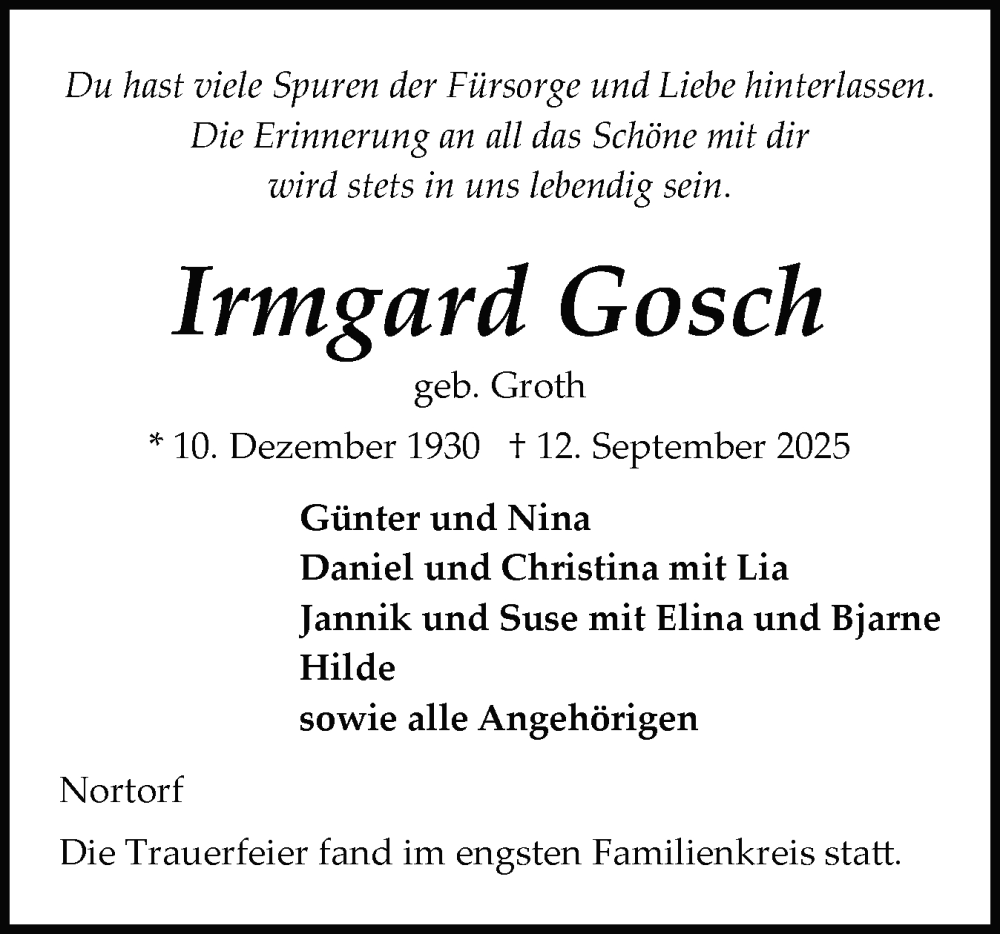  Traueranzeige für Irmgard Gosch vom 04.10.2025 aus Schleswig-Holsteinische Landeszeitung