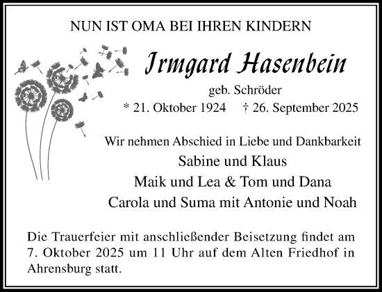 Traueranzeige von Irmgard Hasenbein von MARKT Ahrensburg/Bargteheide/Trittau und Stormarner Tageblatt