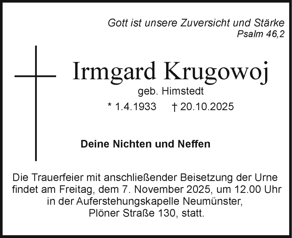  Traueranzeige für Irmgard Krugowoj vom 01.11.2025 aus Holsteinischer Courier