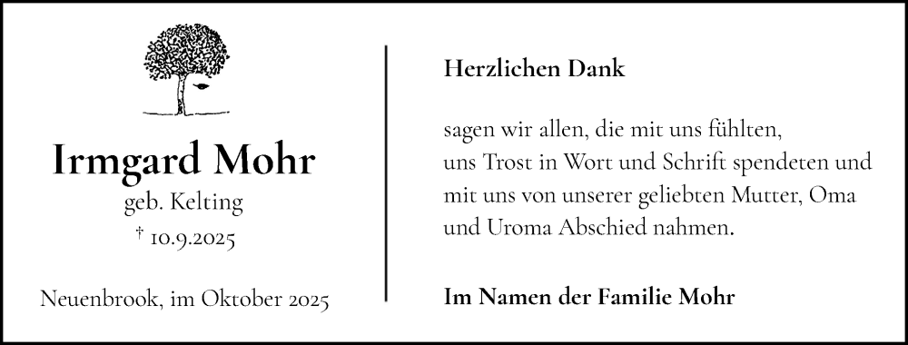  Traueranzeige für Irmgard Mohr vom 18.10.2025 aus Norddeutsche Rundschau, Wilstersche Zeitung, Glückstädter Fortuna