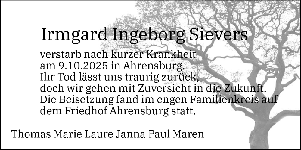  Traueranzeige für Irmgard Ingeborg Sievers vom 25.10.2025 aus Stormarner Tageblatt