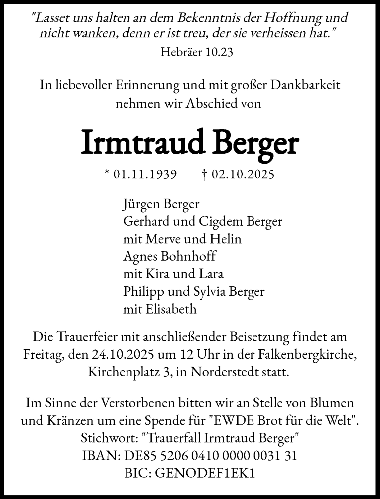  Traueranzeige für Irmtraud Berger vom 18.10.2025 aus Heimatspiegel