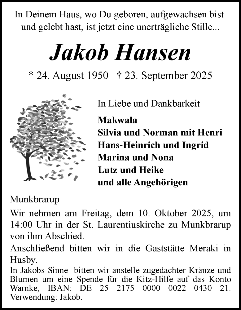  Traueranzeige für Jakob Hansen vom 04.10.2025 aus Flensburger Tageblatt