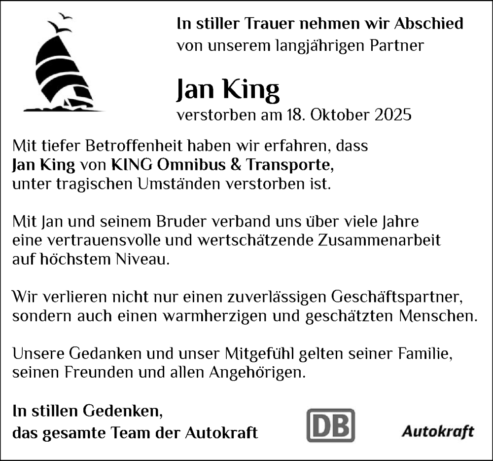  Traueranzeige für Jan King vom 25.10.2025 aus Region Flensburg