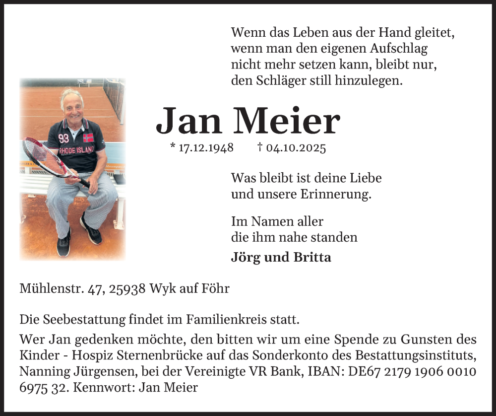  Traueranzeige für Jan Meier vom 11.10.2025 aus Der Insel-Bote
