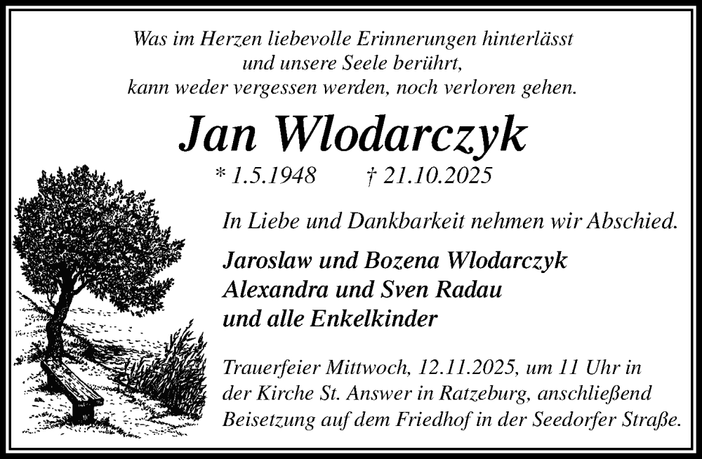  Traueranzeige für Jan Wlodarczyk vom 01.11.2025 aus MARKT Ratzeburg/Mölln