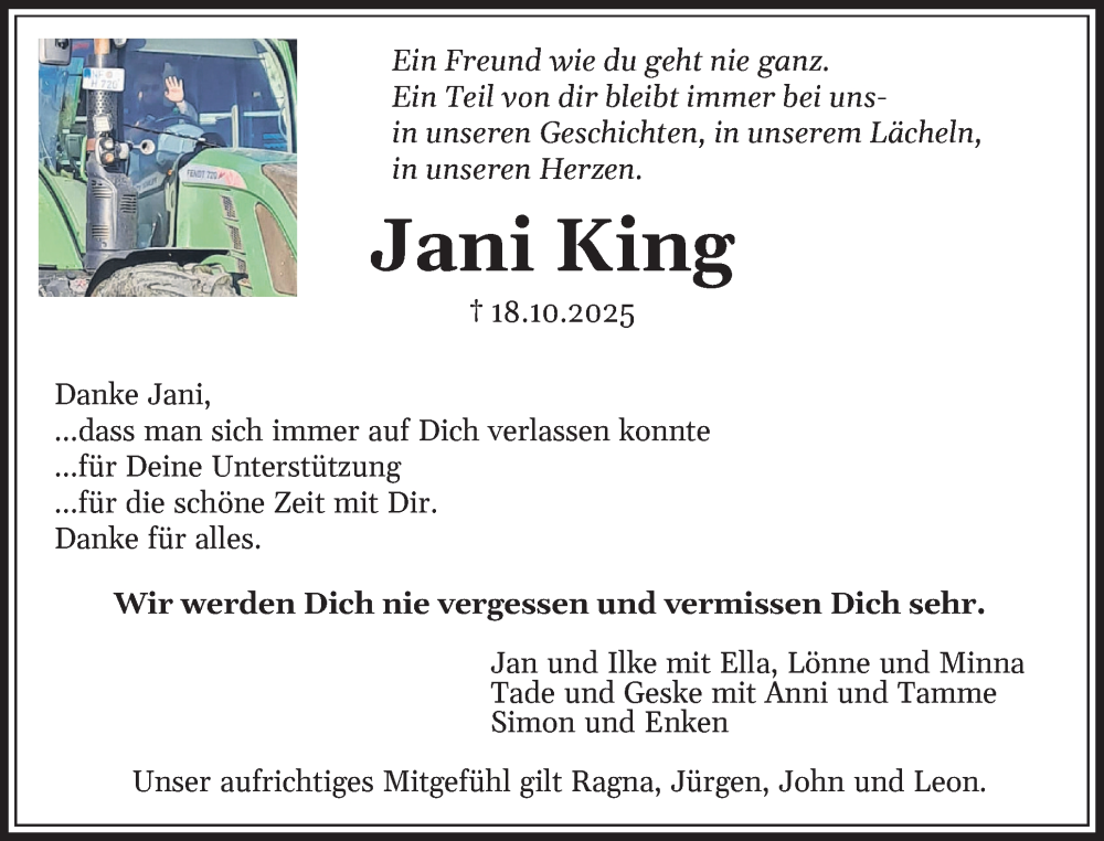  Traueranzeige für Jani King vom 27.10.2025 aus Der Insel-Bote