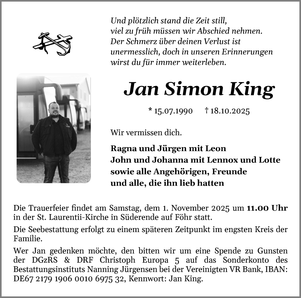  Traueranzeige für Jan Simon King vom 25.10.2025 aus Der Insel-Bote