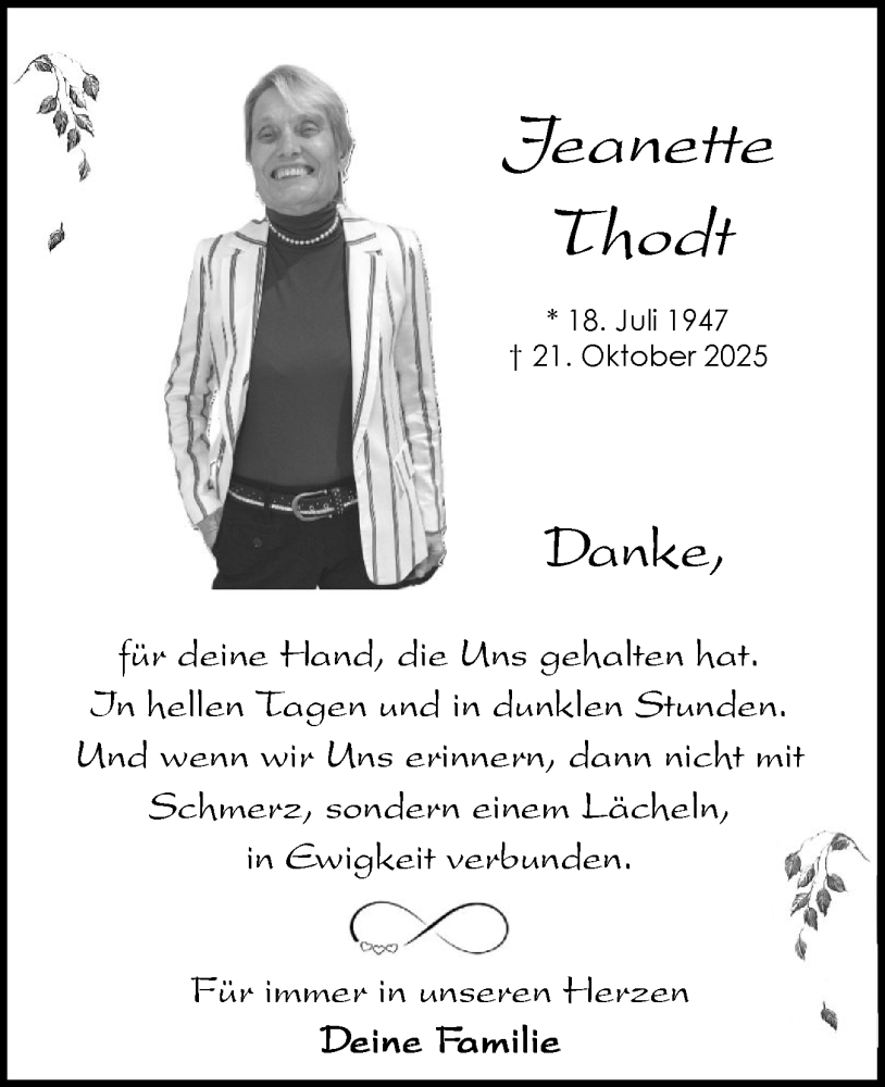 Traueranzeige für Jeanette Thodt vom 01.11.2025 aus Schleswig-Holsteinische Landeszeitung