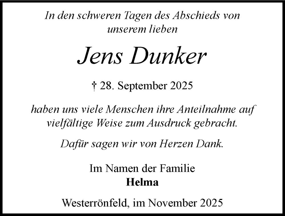  Traueranzeige für Jens Dunker vom 01.11.2025 aus Schleswig-Holsteinische Landeszeitung