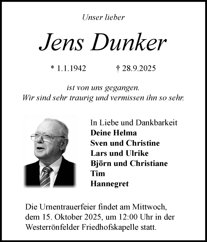  Traueranzeige für Jens Dunker vom 11.10.2025 aus Schleswig-Holsteinische Landeszeitung