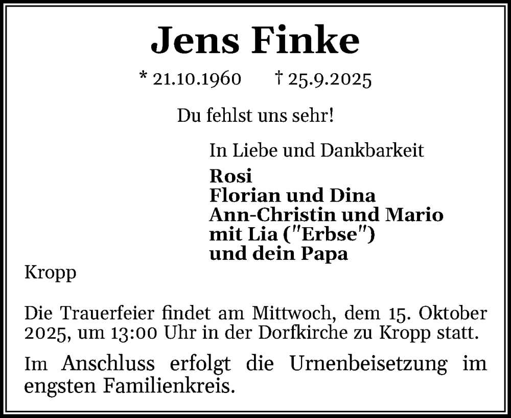  Traueranzeige für Jens Finke vom 11.10.2025 aus Die WochenSchau Gesamtausgabe