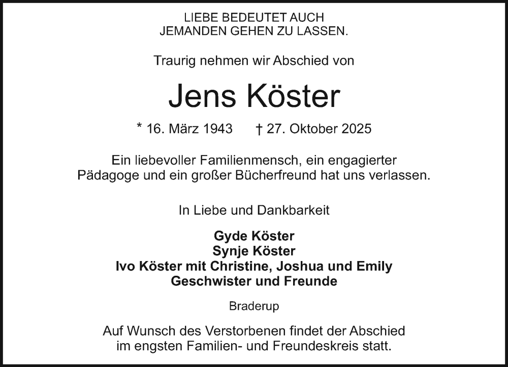  Traueranzeige für Jens Köster vom 01.11.2025 aus Region Westküste
