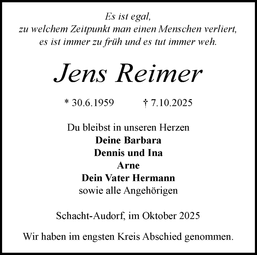  Traueranzeige für Jens Reimer vom 25.10.2025 aus Schleswig-Holsteinische Landeszeitung