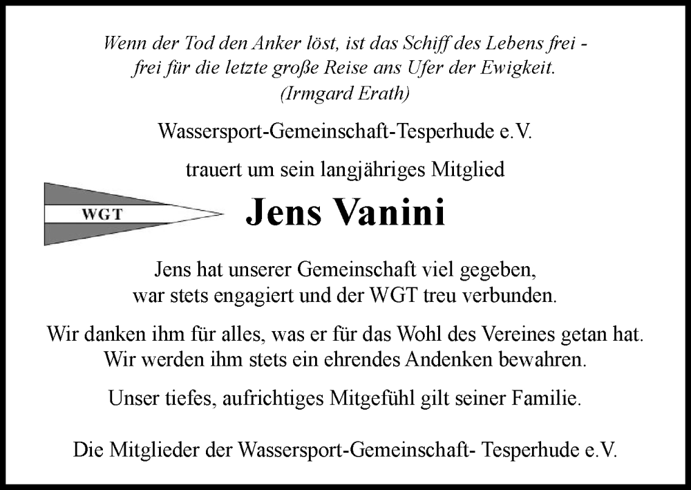  Traueranzeige für Jens Vanini vom 25.10.2025 aus Wochenend Anzeiger