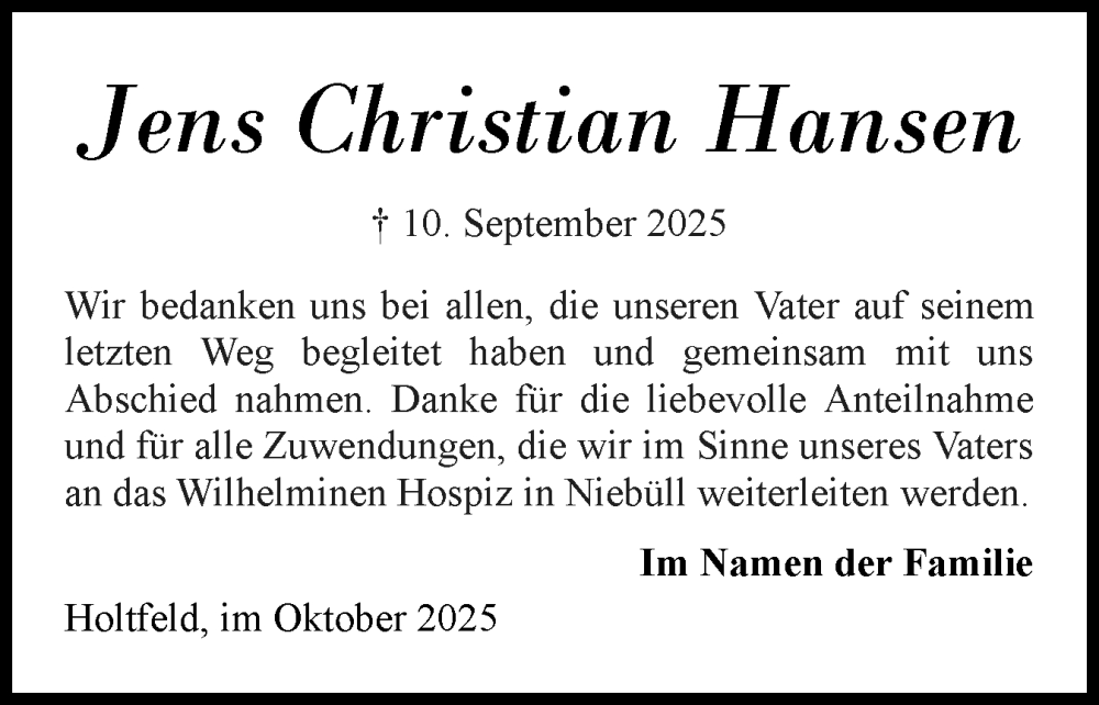  Traueranzeige für Jens Christian Hansen vom 11.10.2025 aus Region Flensburg