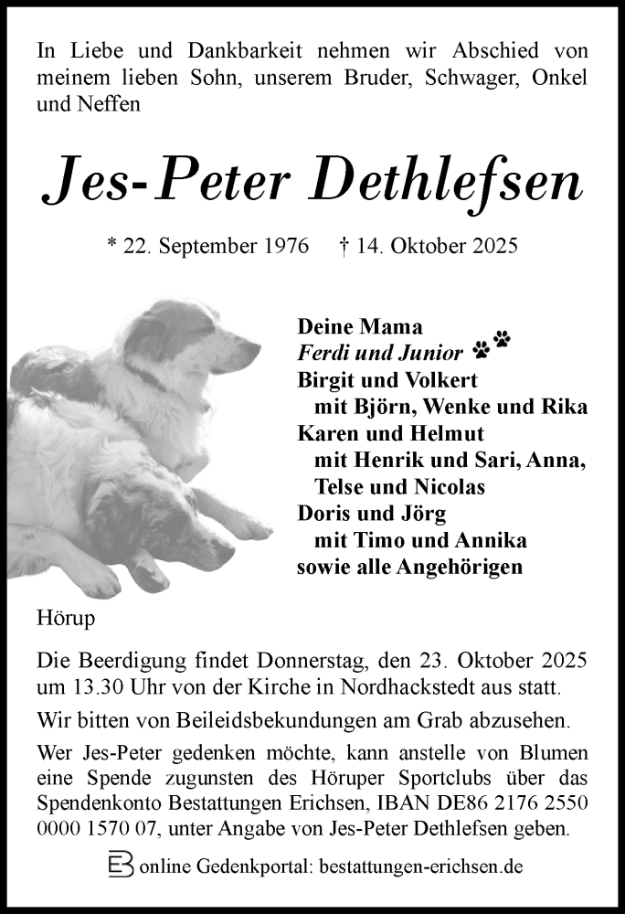  Traueranzeige für Jes-Peter Dethlefsen vom 20.10.2025 aus Region Flensburg