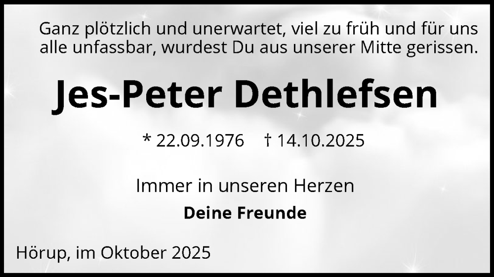  Traueranzeige für Jes-Peter Dethlefsen vom 21.10.2025 aus Region Flensburg