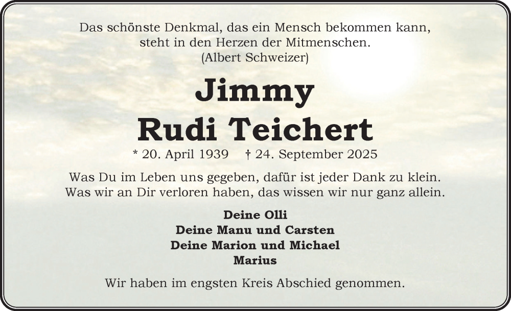  Traueranzeige für Jimmy Rudi Teichert vom 04.10.2025 aus Uetersener Nachrichten, Der tip am Wochenende