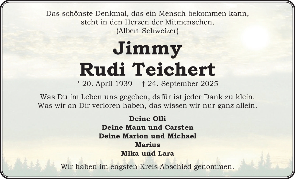  Traueranzeige für Jimmy Rudi Teichert vom 11.10.2025 aus Uetersener Nachrichten, Der tip am Wochenende