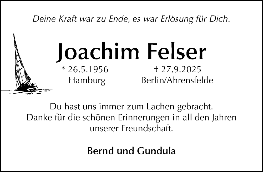  Traueranzeige für Joachim Felser vom 18.10.2025 aus MARKT Ratzeburg/Mölln