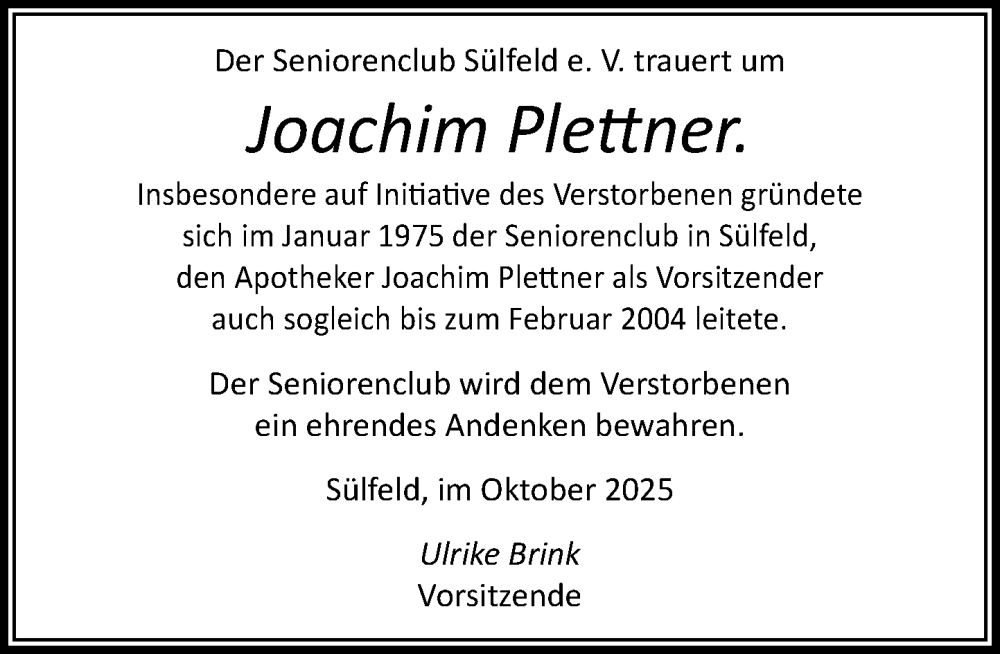  Traueranzeige für Joachim Plettner vom 18.10.2025 aus MARKT Ahrensburg/Bargteheide/Trittau und Stormarner Tageblatt