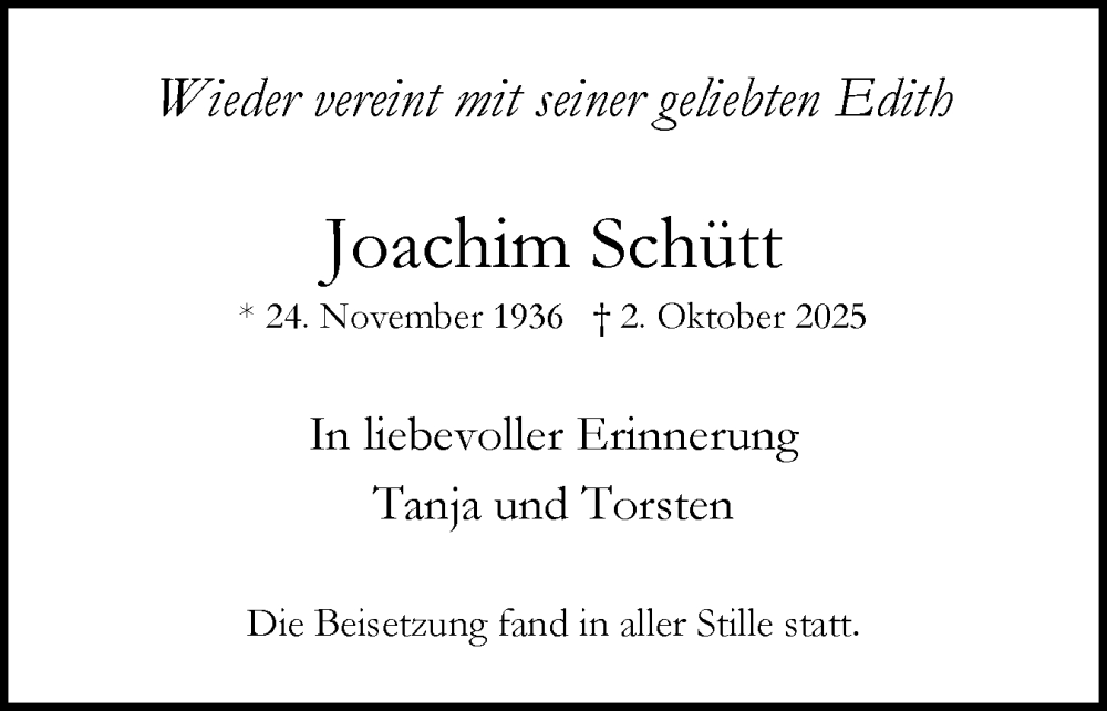  Traueranzeige für Joachim Schütt vom 18.10.2025 aus Region Pinneberg und tip Pinneberg